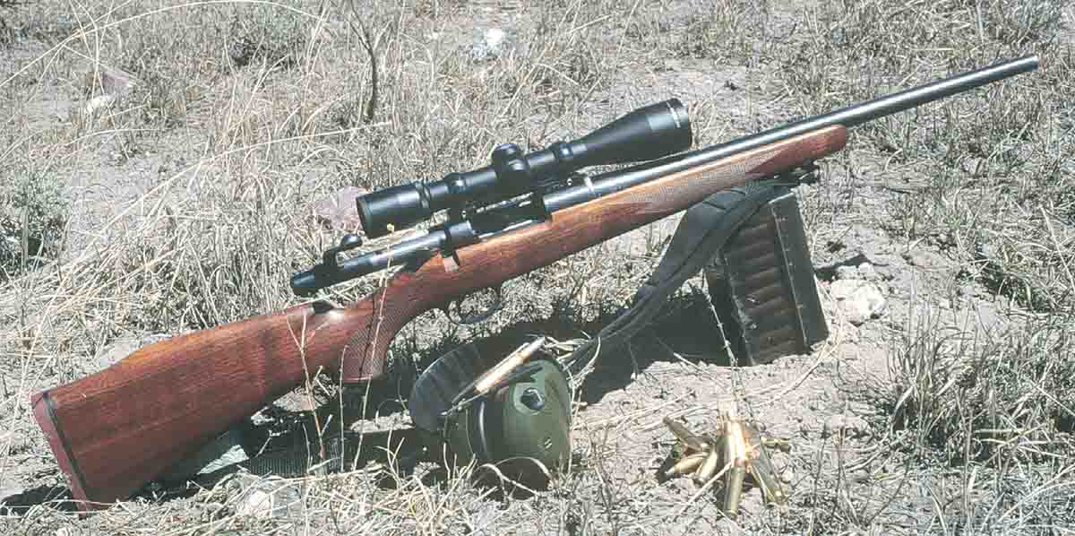 The Model 600 Remington with a Nikon 4x scope is more of a deer rifle, but with cast bullets it’s cheap to shoot at gophers.